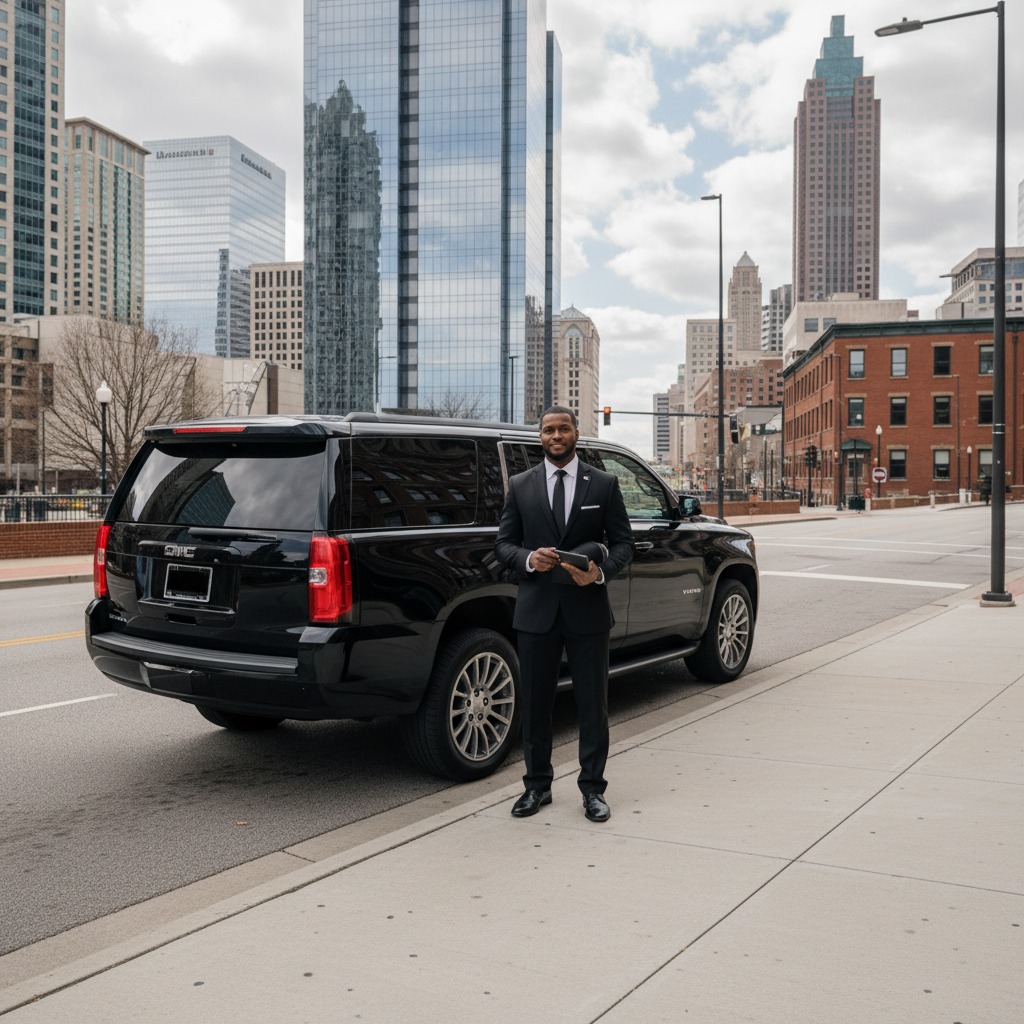 A professional chauffeur in a suit stands on a city sidewalk next to a black SUV with skyscrapers in the background.